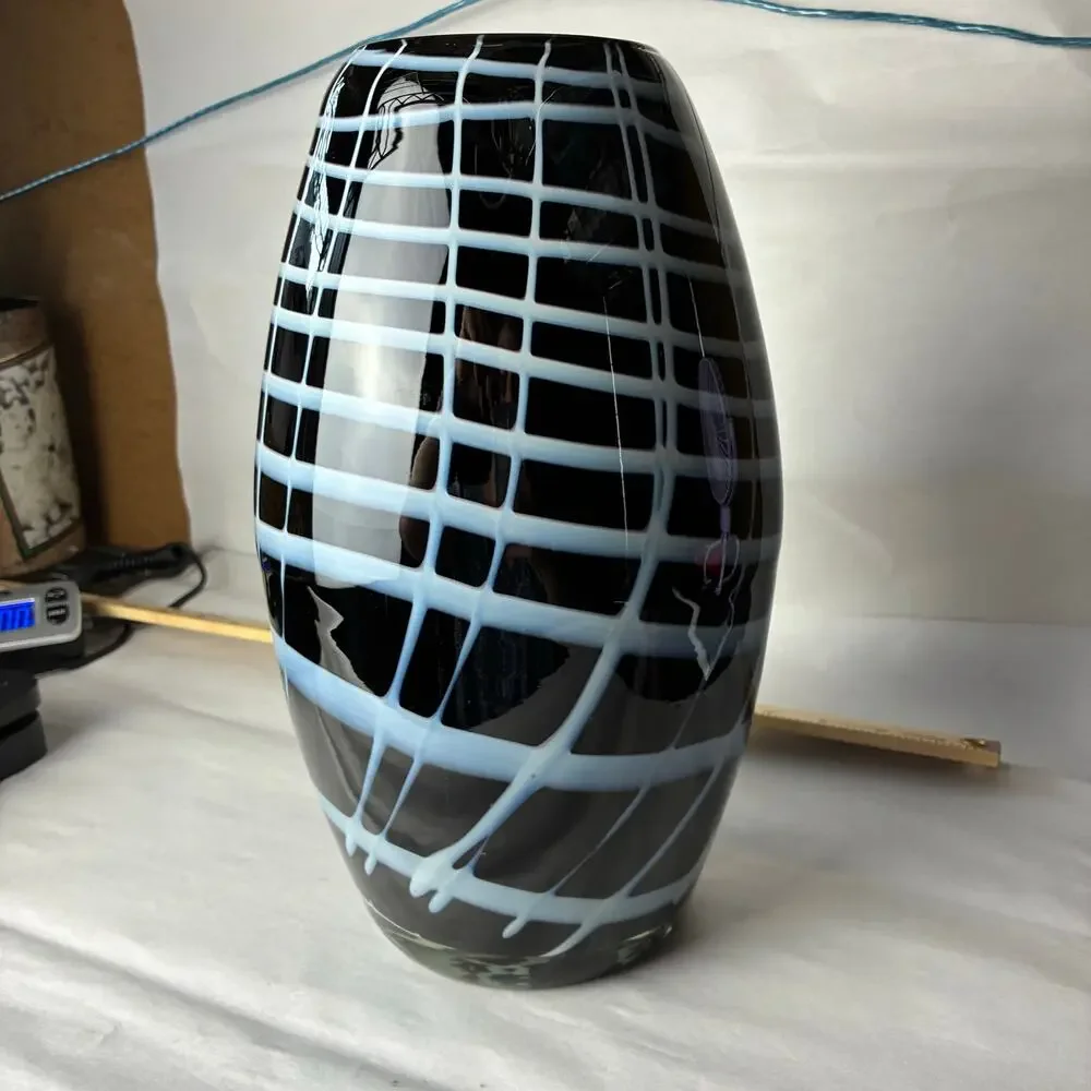 Józefina Krosno Hand Blown Glass Vase Poland Black White Lattice Grid Art READ